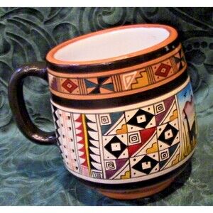 Peruvian Pottery Hand Painted Colorful Terracotta White Glaze Mug signed
